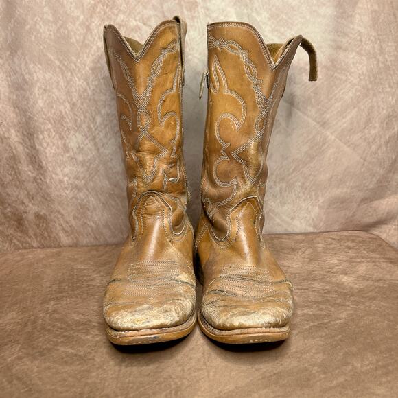 Vintage 70s Levi\'s Orange Tab Leather Calf High Walking Cowboy Boot Embroidered